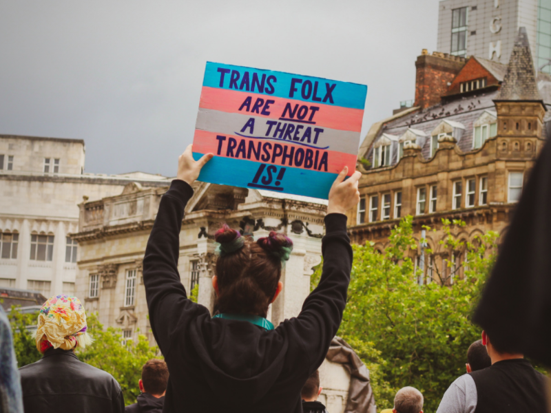 Protest sign with the colours of the trans flag that says, "Trans folx are not a threat. Transphobia is."