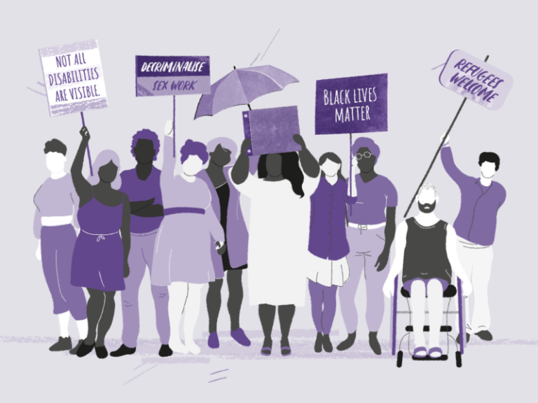 Drawing, in shades of purple and violet, of protesters holding posters
