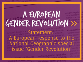 Text: 'A European Gender Revolution - Statement: A European response to the National Geographic special issue ‘Gender Revolution’'. On the background a detail of the Slovenian edition of the special issue, in purple shades