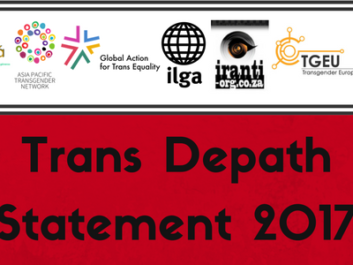 Text 'Trans Depath Statement 2017' on a red background. On the upper side, Logos of signatory organisations on a white background.