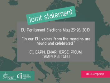 Banner of the Joint Statement for EU Elections: Voices From the Margins, featuring the date of EU Parliament elections 2019, the text 'In our EU, voices from the margins are heard and celebrated' and the name of the signatory organisations