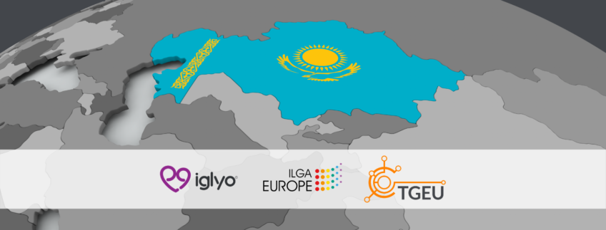 Detail of a world globe with countries shaded in grey nuances, highlighting Kazakhstan with the image of its flag. In the foreground, IGLYO, ILGA Europe, and TGEU logos