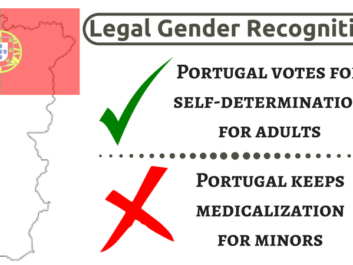 Summary of the positive aspects (self-determination for adults) and negative aspects (medicalisation for minors) of the law, set against the backdrop of the Portugal map and flag.