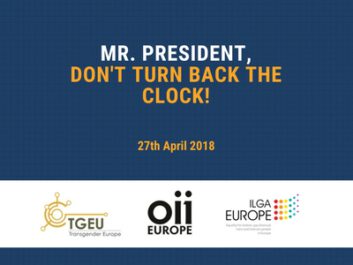 Text 'Mr. President, don't turn back the clock! - 27th April 2018' along with signatories organisations' logos, on a blue background