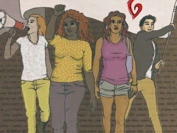 Drawing of a group of protesters: one is holding a banner featuring the writing 'Fight against violence' and the TDoR logo