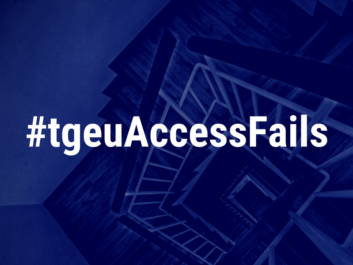 Text "#tgeuAccessFails". On the background, photo of a set of stairs in dark blue nuances.