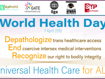 "Text: 'World Health Day - 7 April 2018 - Depathologize trans healthcare access, End coercive intersex medical interventions, Recognize our right to bodily integrity. Universal Health Care for ALL.' Logos of signatory organisations on the upper side."