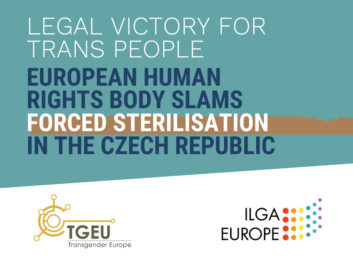 Petrol blue background with text in all caps that reads: "Legal victory for trans people. European Human Rights Body Slams Forced Sterilisation in the Czech Republic" - underneath are the logos of TGEU and ILGA Europe
