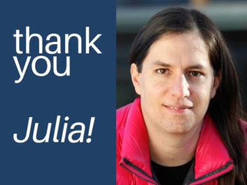 Portrait of Julia Ehrt, a white woman with long dark hair wearing a pink jacket. With words "Thank you Julia!" next to it.