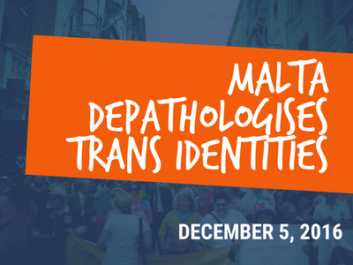 Text 'Malta depathologises trans identities - December 5, 2016'. On the background, picture of a Pride march, in blue nuances