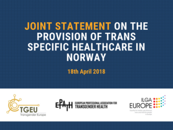 Text 'Joint Statement on the provision of trans specific healthcare in Norway - 18 th April 2018' along with signatories organisations' logos, on a blue background