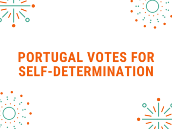 Text 'Portugal votes for self-determination' on a white background, embellished with drawings of fireworks.