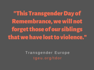 Orange text on dark gray background, 'This Transgender Day of Remembrance we will not forget those of our siblings that we have lost to violence.'