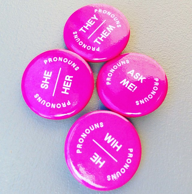 Pins that say 'She/Her', 'He/Him', 'They/Them', and 'Ask me!' Image credit: AWang (WMF)