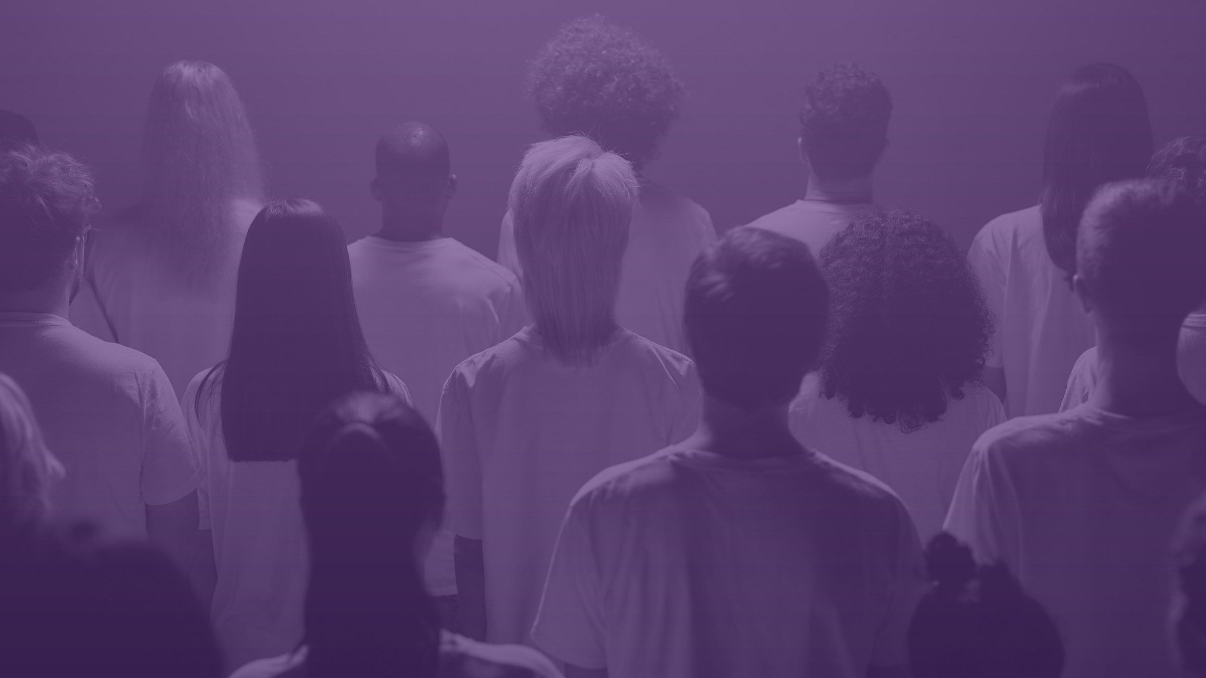 A group of people with their backs to the camera, purple gradient layer over the image