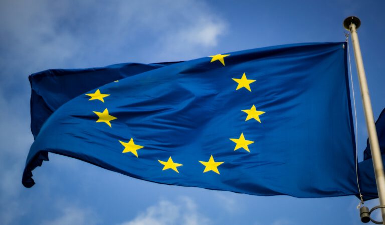 EU flag flying in blue sky