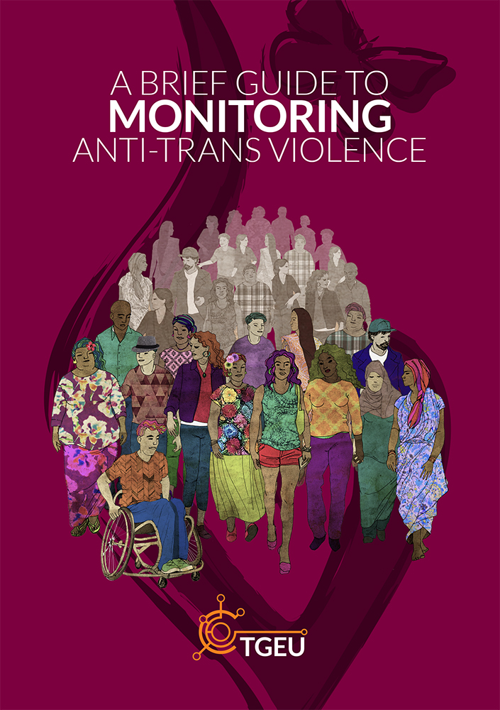 cover of the TGEU guide to monitoring anti-trans violence: illustration of many different people with a purple background.