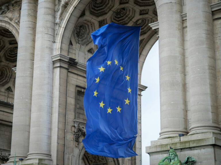 EU Flag between Columns in Brussels, Belgium