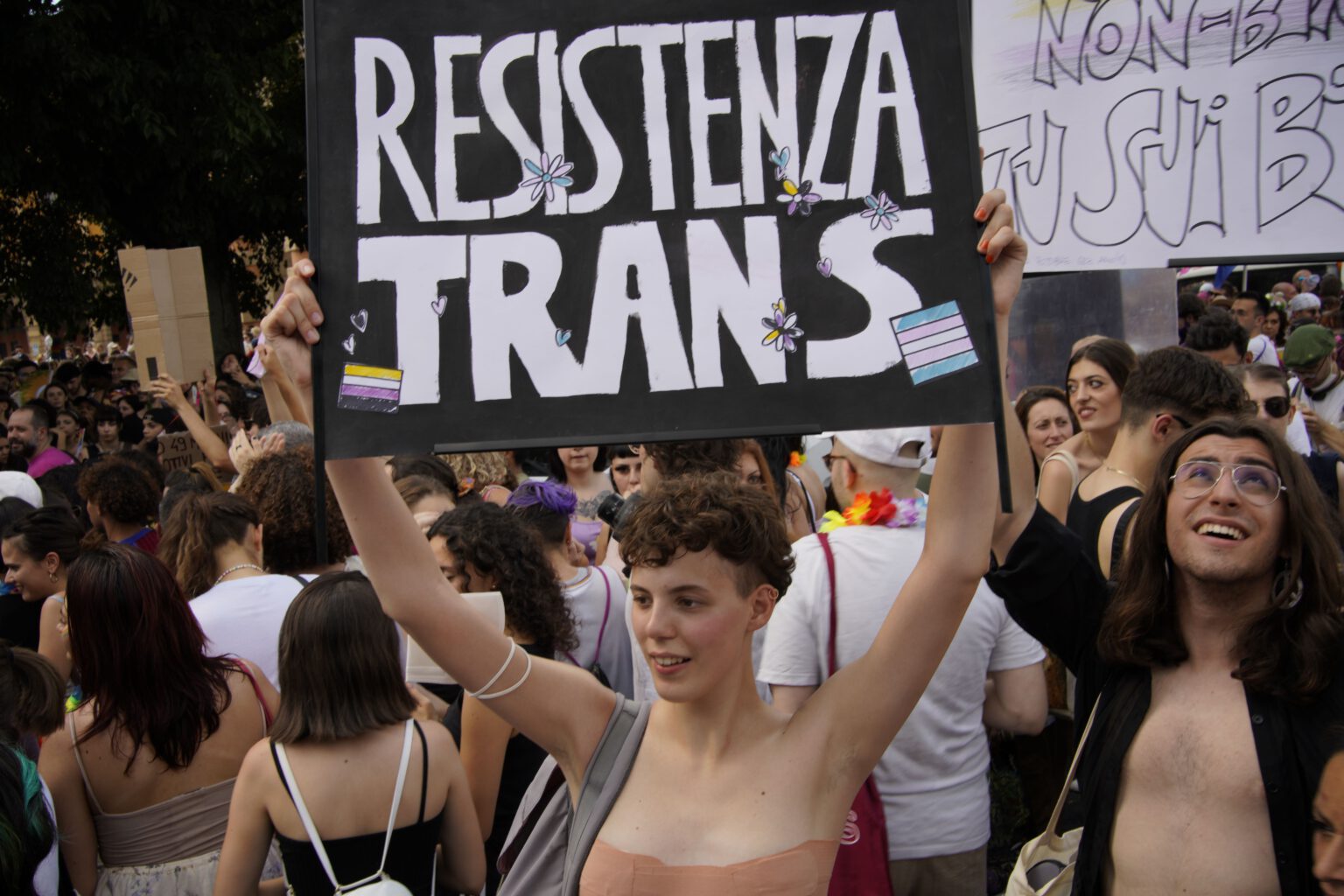 A powerful trans rights protest in Bologna, capturing community strength and identity.