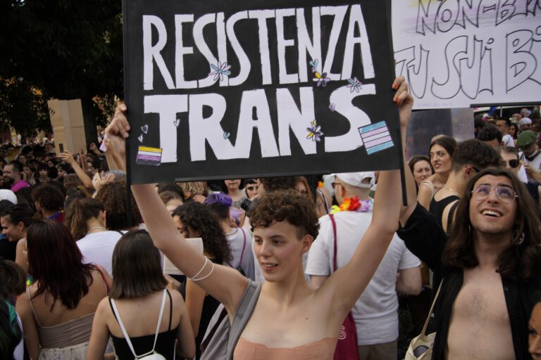 A powerful trans rights protest in Bologna, capturing community strength and identity.