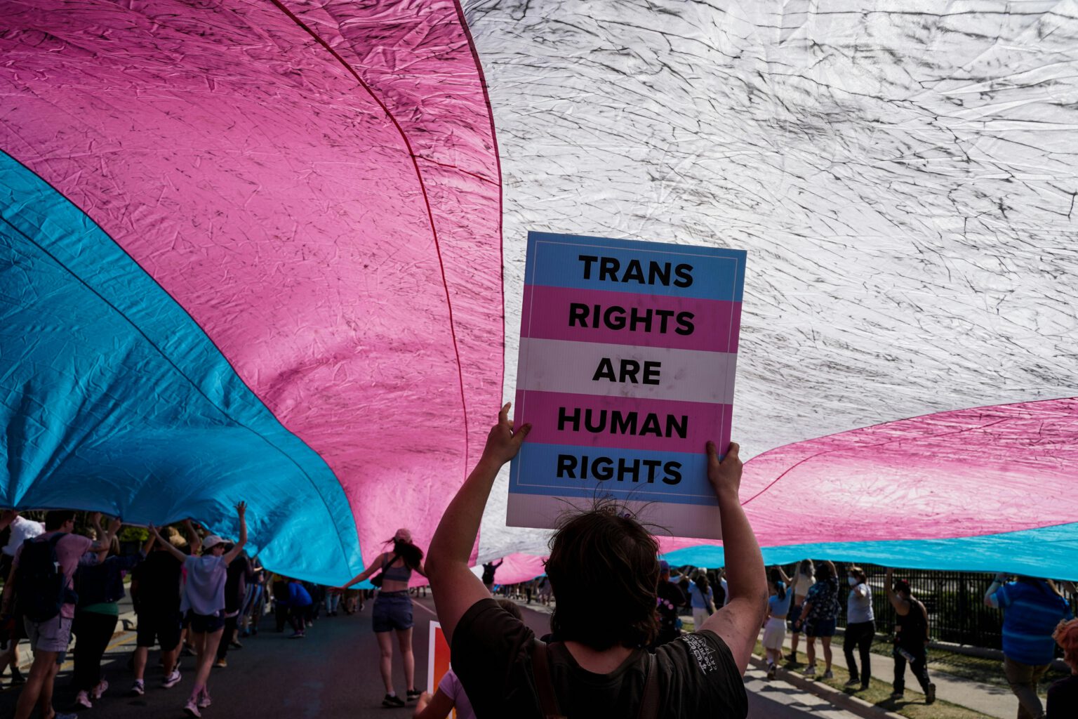 A demonstrator holds a “Trans rights are human rights” sign beneath a vast pink, white, and blue transgender pride flag, conveying solidarity and hope.
